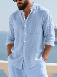 Men's Linen Button Shirt, Stand Collar Long Sleeve Top, Breathable Casual Shirt for Beach Vacation Outdoor Travel, Comfortable Fashion Essential, Casual Lightweight Breathable