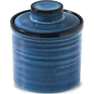 Ceramic Butter Crock with Lid, Butter Dish for Countertop with Water Line, French Butter Keeper Container for Spreadable Butter, Modern Kitchen Decor, Blue