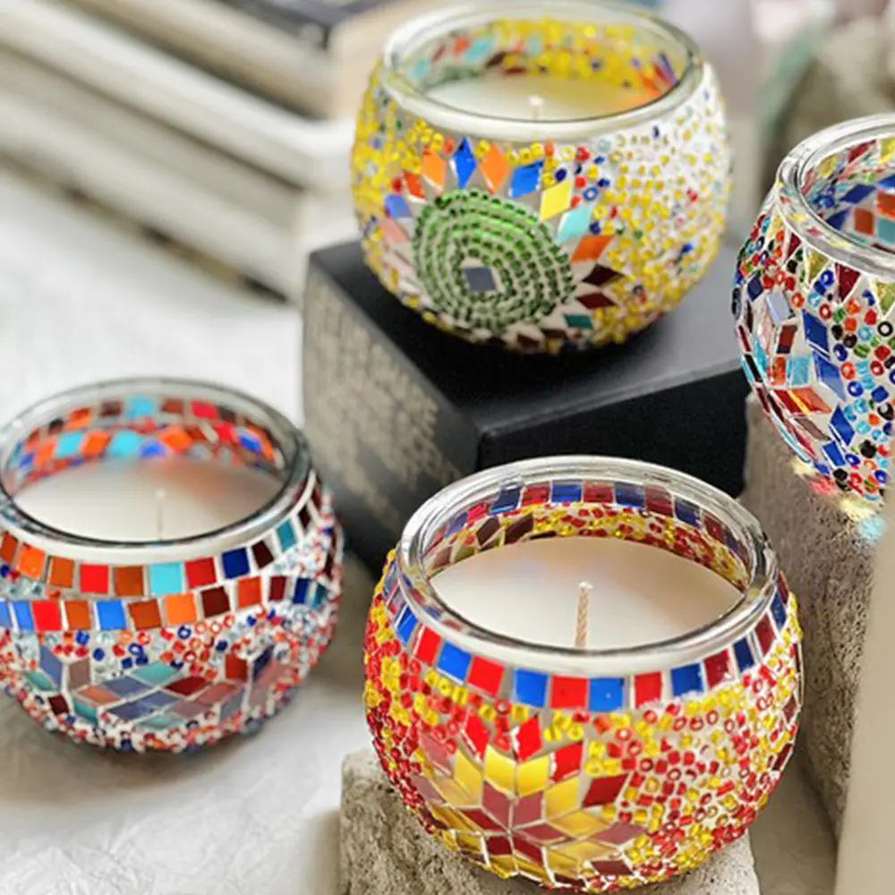 Aromatherapy Mosaic Art Scented Candles Set - 7oz Round Soy Wax, Cotton Box, 36 Hrs Burn, Decorative Freshener, British Cherry Laurel Aromatic Scent, Floral Scent Plant-Themed Gift for Women’s Cozy Decoration, Aromatic Scent Candles
