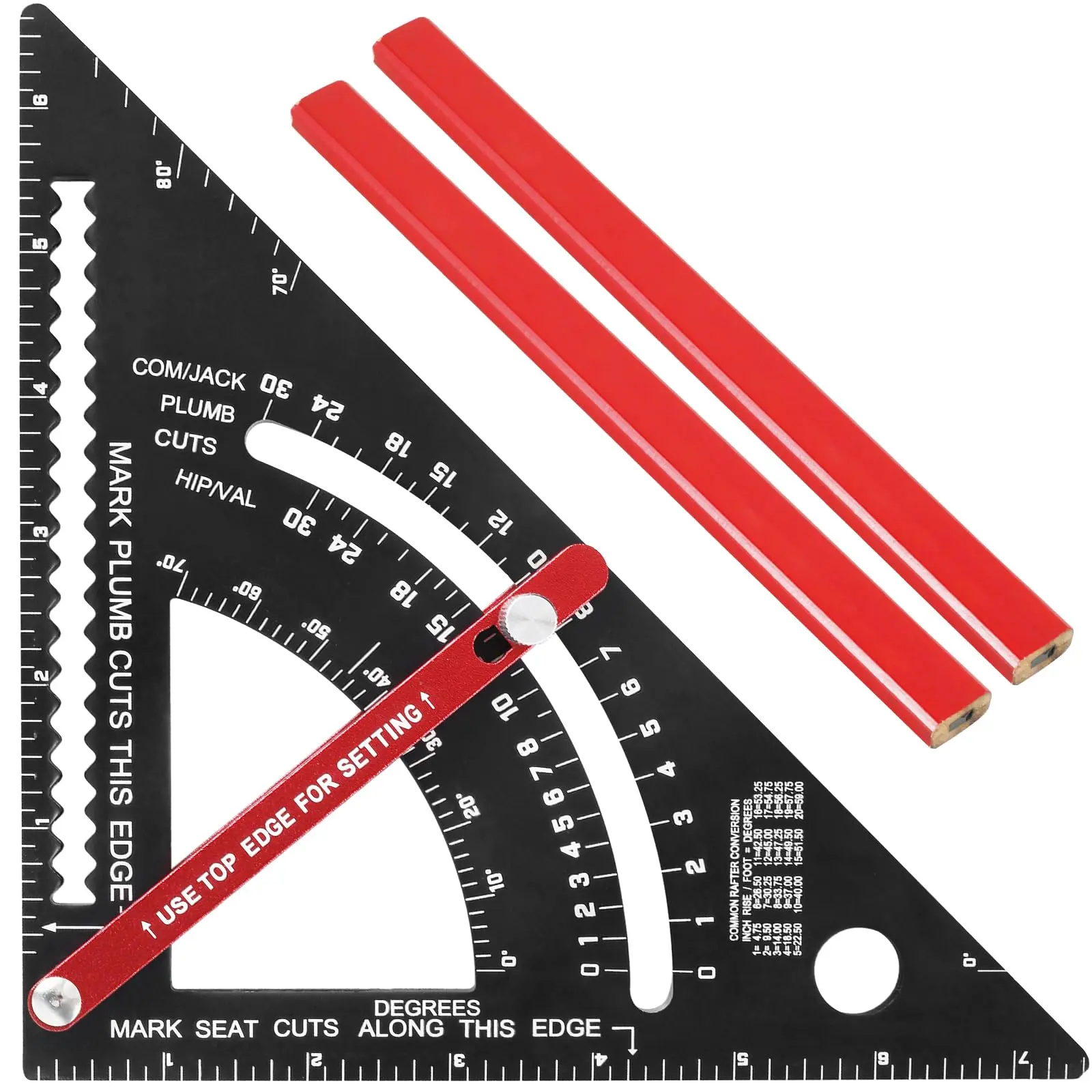 7-Inch Aluminum Alloy Adjustable Angle Carpenter Square - Rafter Triangle Ruler with 2 Pencils, Accurate Scale Calipers, Inches-Metric Layout Tool for Professional Carpentry & Furniture, Easy-to-Use Long-Lasting Hardware Measuring Tool
