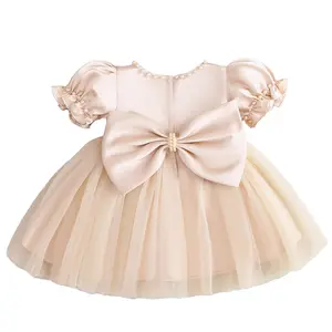 Infant Baby Girl Dresses Pearls Tulle Satin Bowknot Pageant Party Wedding Toddler Baby Flower Girl Dress Newborn Birthday Formal Gown