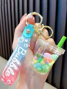 1pc Fashionable Milk Tea Cup Shaped PVC Keychain with Glittery Beans, For Women's Bags, Backpacks, Cars, And Earphones, Y2k Style Car Accessories, Cute Pendant, Bag Charm Keychain