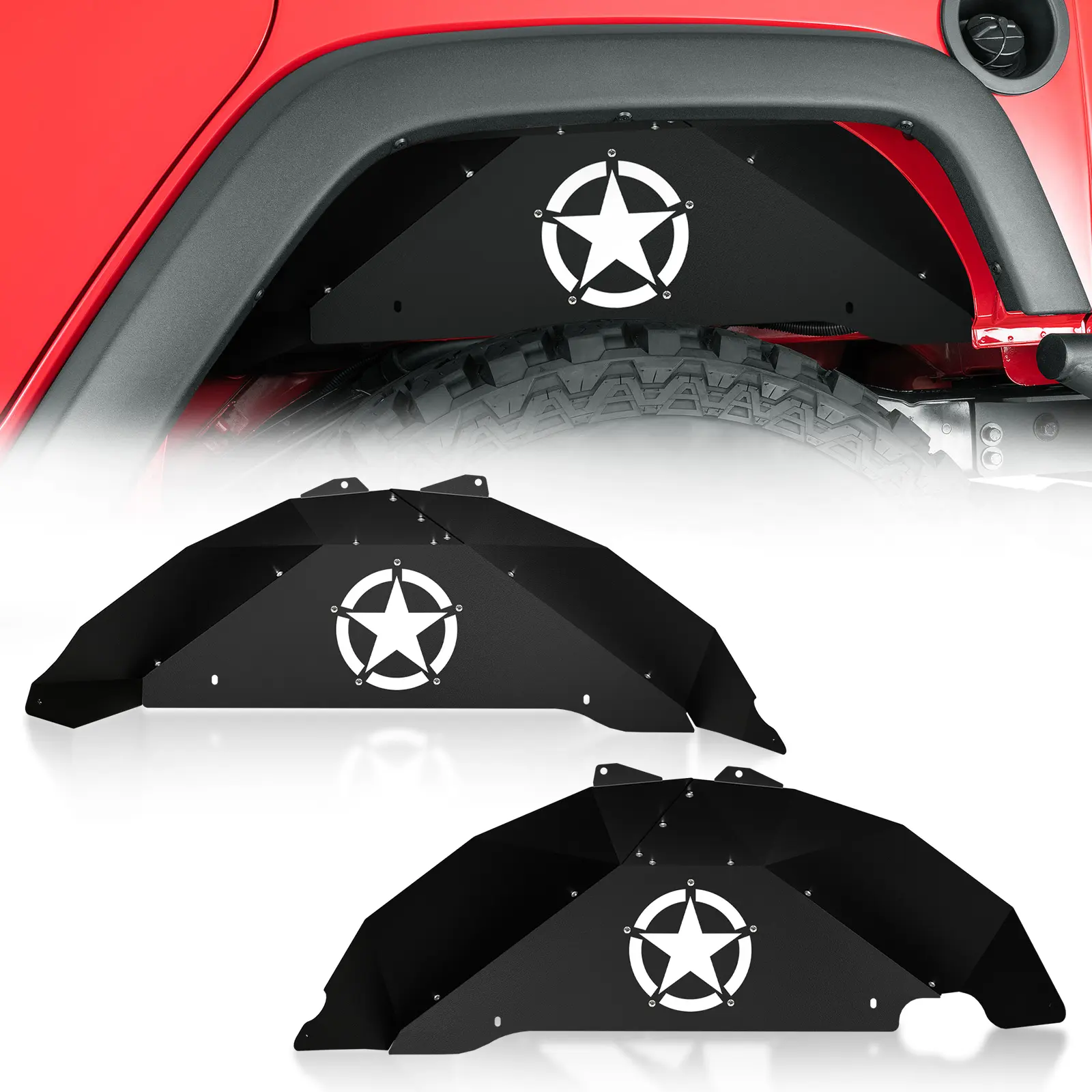 YZONA Automotive Rear Inner Fender Liners - White Star Logo Rust-Proof Powder Coat Steel Back Wheel Well Mud Guards (2 PCS) with Hardware, Debris Shield Car Exterior Accessories for 2007-2018 Jeep Wrangler JK & JKU Unlimited 2/4 Doors
