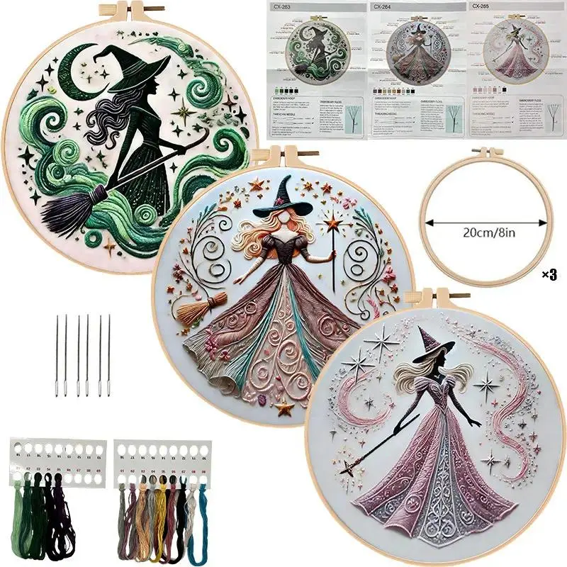 Halloween Magical Witch Hoop Cross Stitch Embroidery Kit, Beginner-Friendly DIY Needlework Sewing Kit, 20cm/8in, English Guide for Home Hobbies, Hoop Embroidery Kits