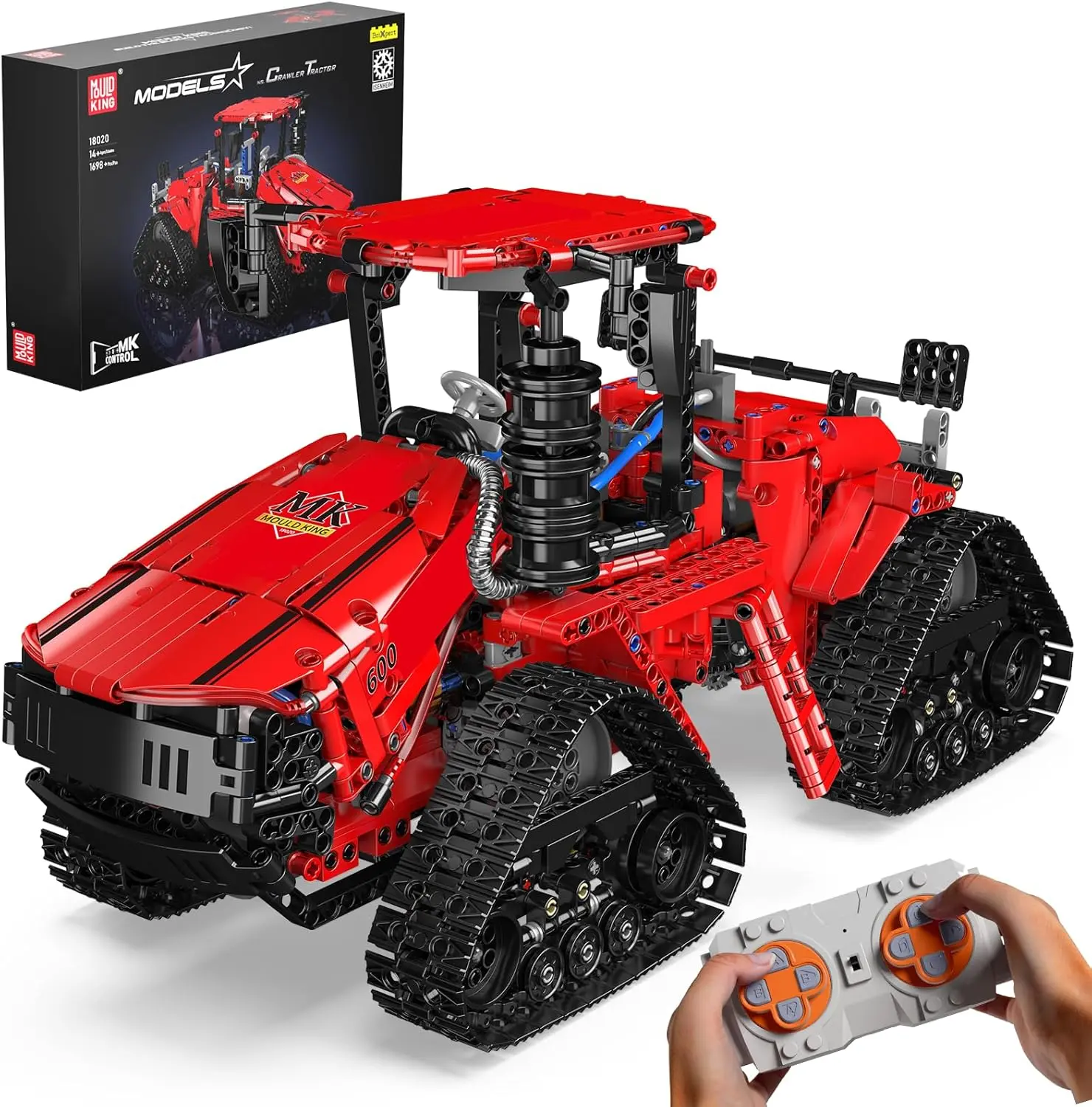 Mould King 18020 Technik Remote Control Tractor Building Blocks, MOC Pneumatic Electric Chain Construction Truck with 4 Motors, STEM Clamping Blocks, Model Kit for Technology Agricultural Machinery Lovers, Toy