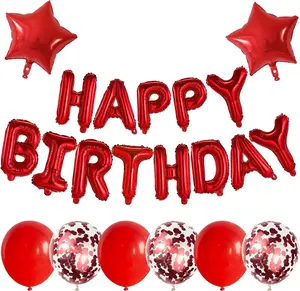 Happy Birthday Balloons Banner Red, 16 Inch Happy Birthday Balloons Letters, Happy Birthday Foil Balloons Set with Red Confetti Balloons Star Foil Balloons for Birthday Decorations Party Supplies