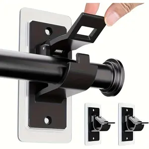 2pcs No-Drill Curtain Rod Bracket Set, Self-Adhesive PET Curtain Rod Holders, Includes Nail-Free Curtain Rod Hooks, Suitable for Bathroom and Living Room, Black Style