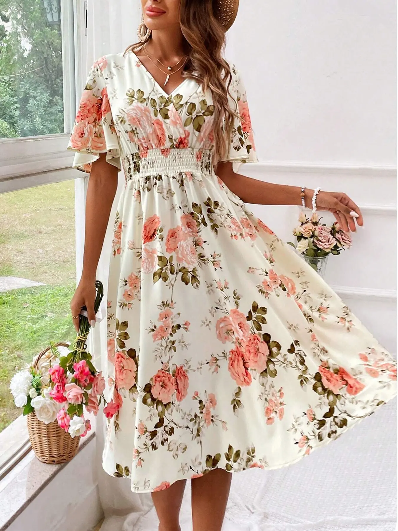 Women's V-Neck Floral Print Bohemian Style Dress Waist-Cinch Summer Dress, Casual Boho Chic, Perfect for Casual Vacations and Dates, Stylish and Comfortable Evening Wear, Womenswear
