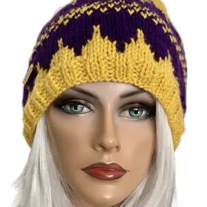 Hand Knits 2 Love Beanie Winter Hat Skull Cap Designer Fashion Pom Pom Purple Yellow