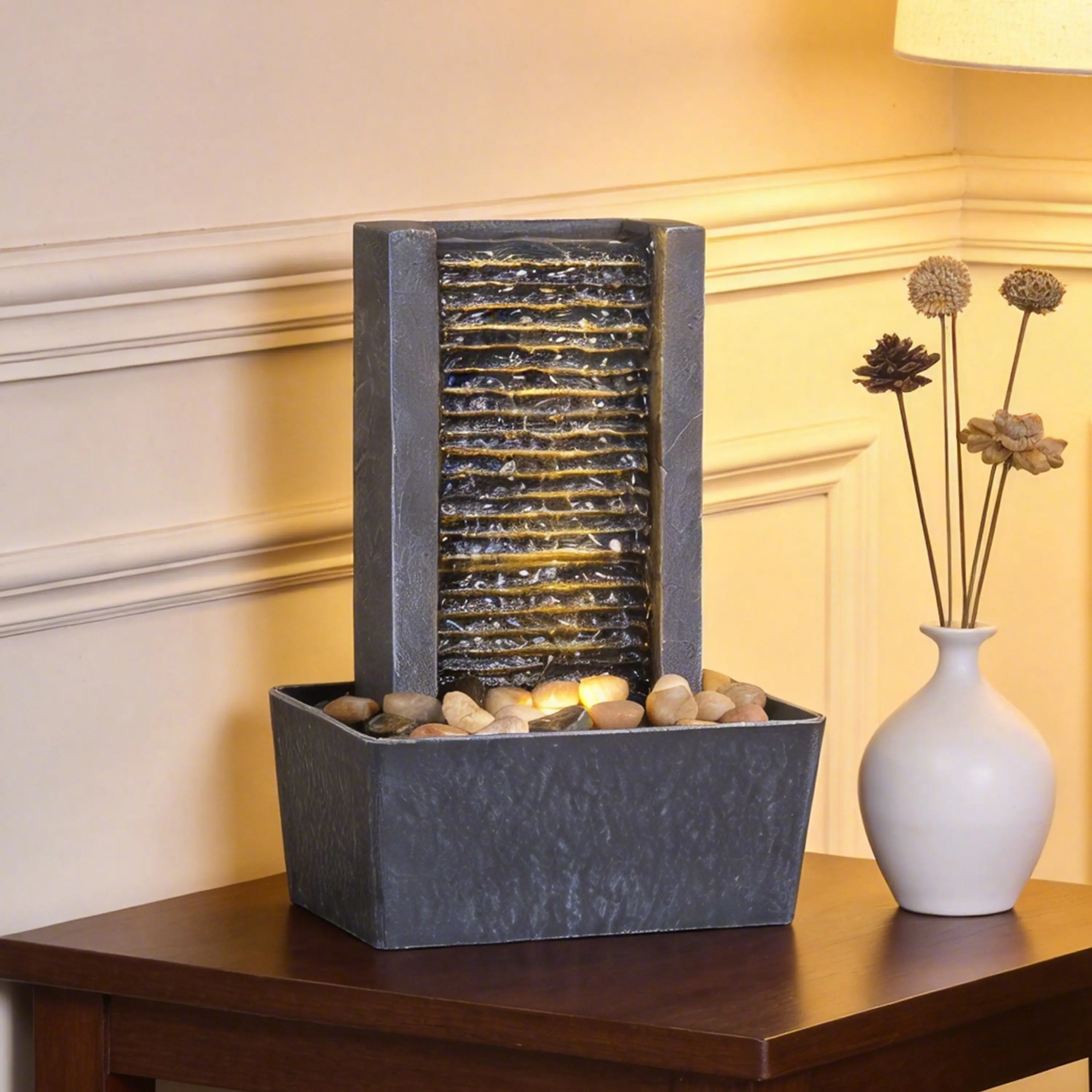 Modern Minimalist Table Mount Waterfall Fountain with Warm LEDs, Natural River Rocks, Creative Modern Decoration, Zen Vibes Stress Relief Home Decor Statue, Gift for Office & Bedroom