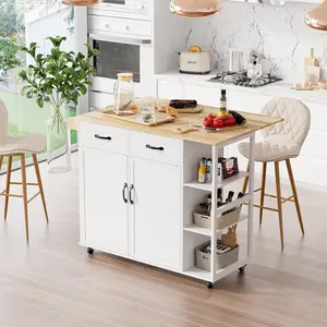 GARVEE Rolling Kitchen Island With Storage, Island Table for Kitchen With Drop Leaf Countertop, Mobile Kitchen Island Cart With Spice Racks & Towel Rack, Breakfast/Bar Cart With Storage Cabinet & Drawers