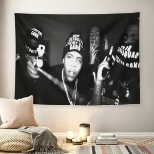 Black White Drill Gang Wall Flag, Hip Hop Streetwear Aesthetic Decorative Tapestry, Mid-century Modern Grunge Living Room Wall Decor for Adult Fans, Edgy Gang Culture Photo Print Hanging Wall Art