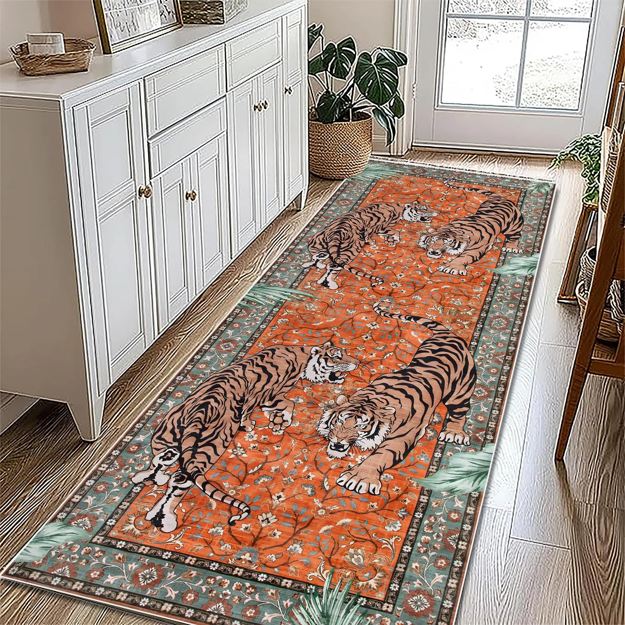 Vintage Boho Style Tiger Pattern Animal Print Rug, Non-slip Washable Floor Mat, Decorative Carpet for Home Living Room Bedroom Kitchen Farmhouse, Boho Area Rug, Bohemian Style Rugs
