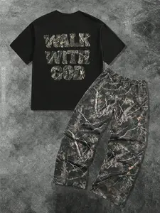 Men's Casual Loose-Fitting Two-Piece Set, Menswear, Short Sleeve Camo Print T-Shirt & Long Pants, Soft Comfortable for All Seasons
