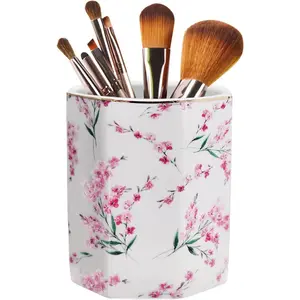 Pen Holder Stand for Desk Floral  Pencil Cup for Girls  Durable Ceramic Desk Organizer Makeup Brush Holder for Office Classroom