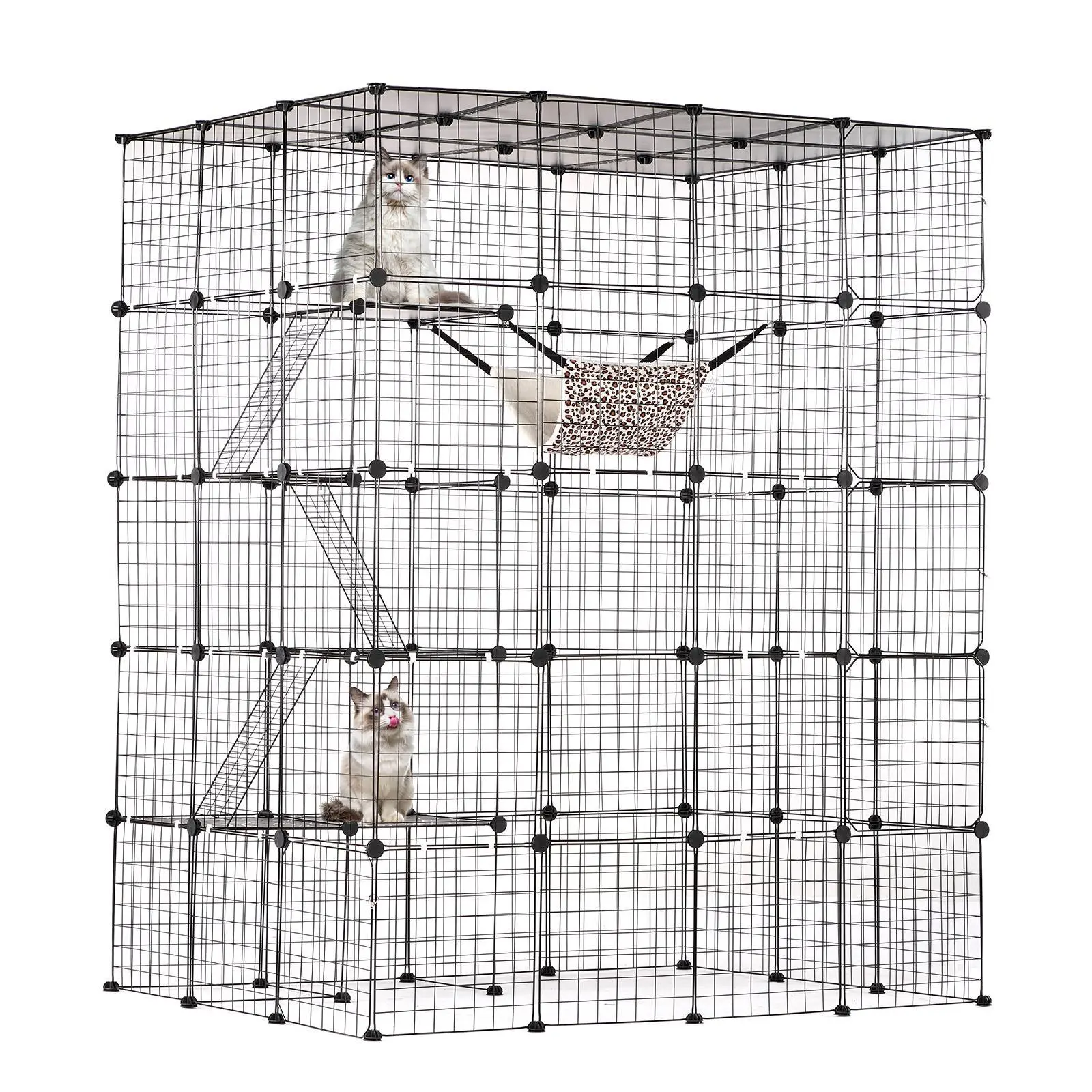 VEVOR 4-Tier Large Metal Wire Kennel (54x41x69in) - Escape-Proof Enclosed Cat Cage with 5 Front Doors, Collapsible Detachable Enclosure, Hammock, Ramp, Ladders, 1/2" Safe Mesh, Exercise Space, Black Indoor Small Animal Crate - Patio Pet Supply