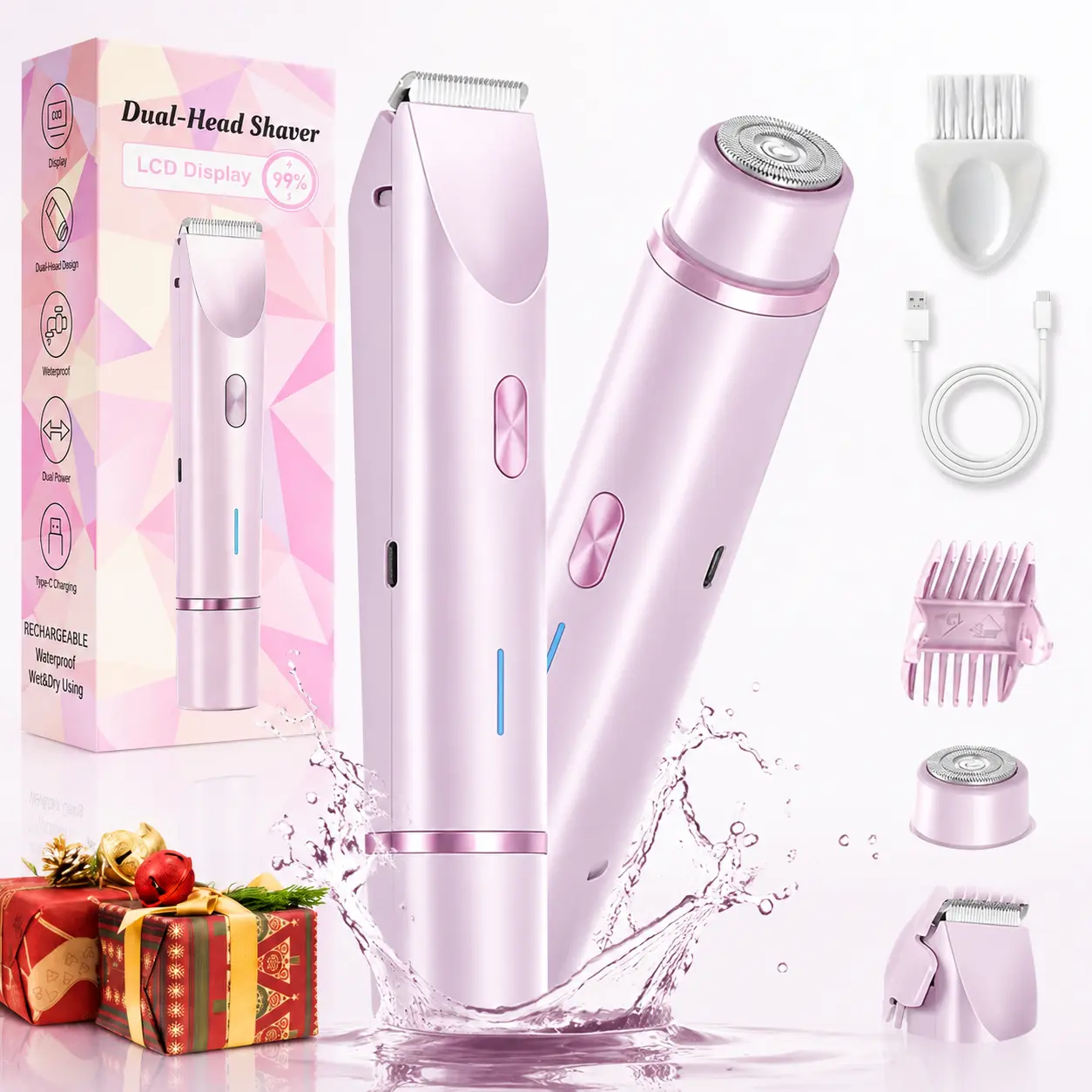 Dual-Head Women Electric Body Groomer – IPX7 Fully Washable, USB-C Fast Charging Hypoallergenic Ceramic Cutters, Painless Gentle Trimming Kit for Bikini Line, Leg, Underarm & Facial Hair