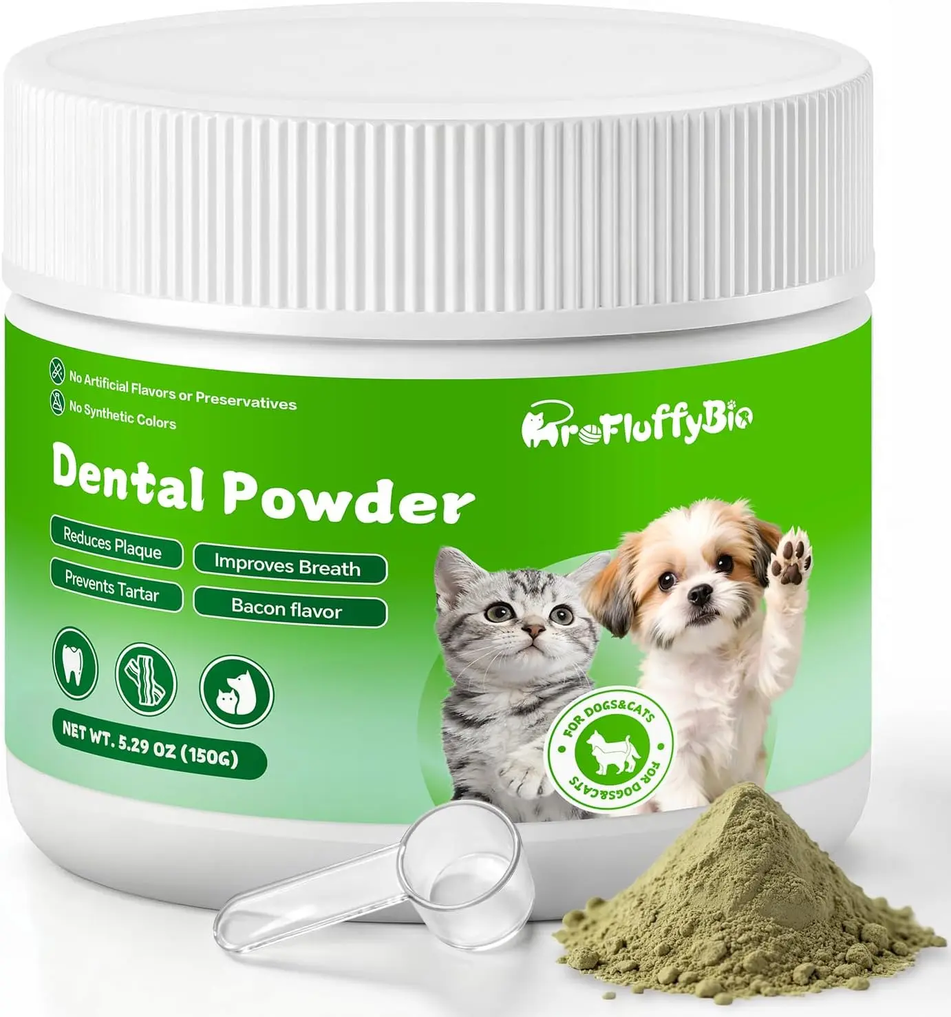 Dog&Cat Dental Powder - Food Topper for Fresh Breath & Clean Teeth - Gentle Formula for Sensitive Stomachs - Bacon Flavor Tartar Plaque Remover - Natural Oral Care for Dogs and Cats