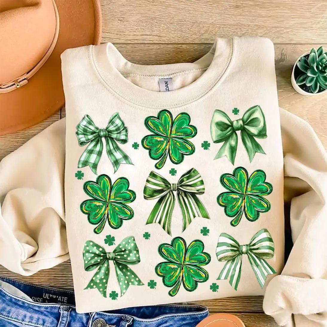 Coquette Patrick’s Day Bow Sweatshirt, Patrick Day Shirt, Shamrock Lucky Bow T-shirt Hoodie, Irish Patrick Day Shirt Design, Teacher Shirt