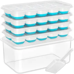 Ice Cube Tray with Lid and Bin - 4 Pack Silicone Ice Cube Trays for Freezer, Stackable Ice Bucket Kits with Storage Container & Scoop for Kitchen, RV, Cocktail, Coffee