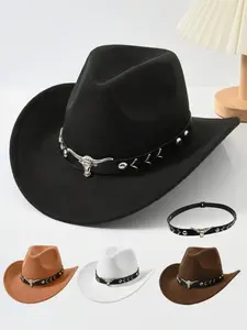 1pc Unisex Retro Western Cowboy Hat With Horn Pattern, Suitable For Casual Wear, Western Cowboy Party