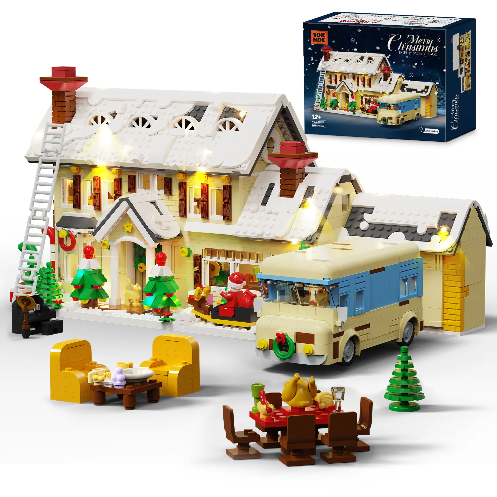 TOKMOC 2098 Pieces Christmas House Village Building Set with Light, Winter Snow Cabin Holiday Camper Building Model Kit, Xmas Vacation Building Toy, Birthday Party Gift for Aged 12 And Above,66065