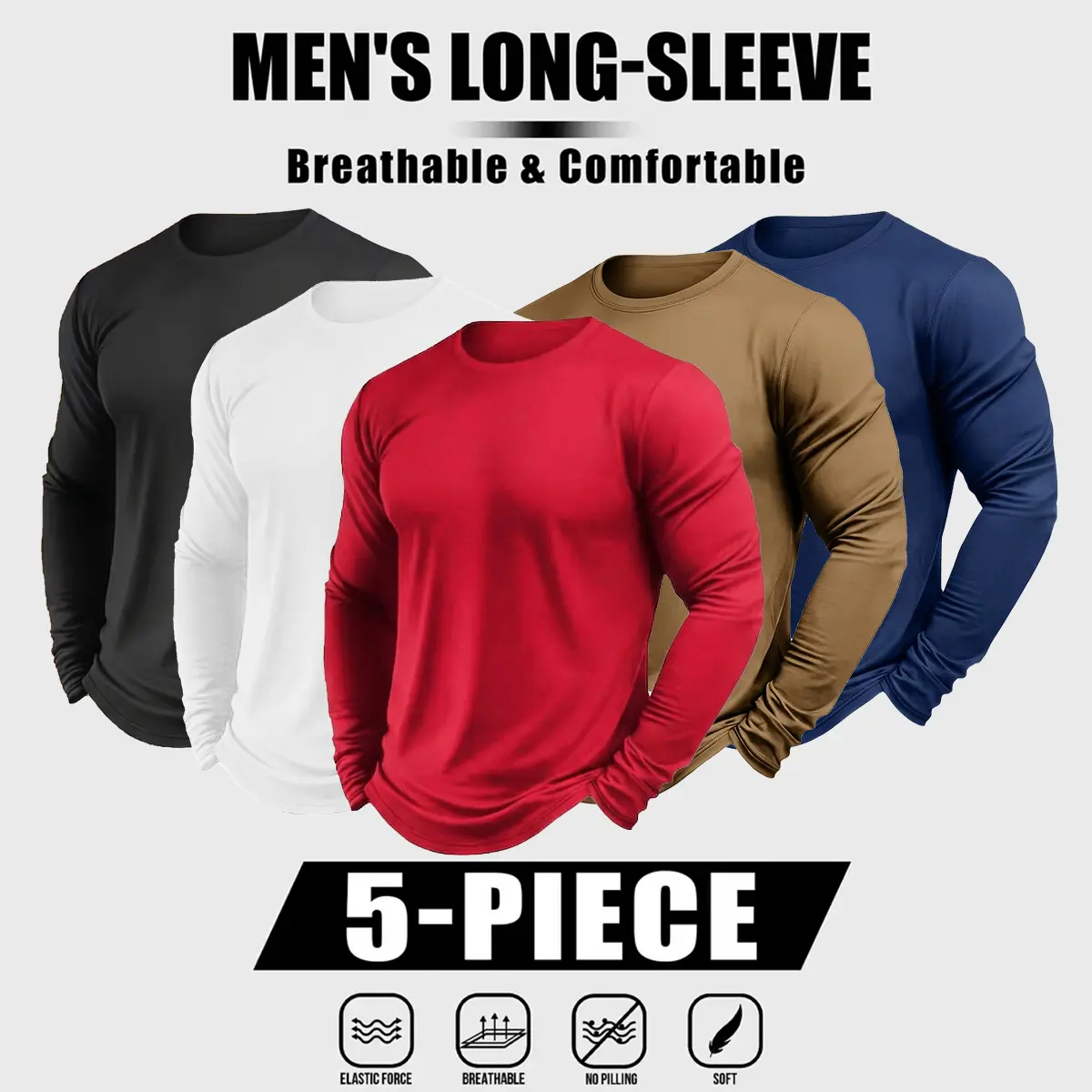 Men's 5-Pack Loose-Fitting Crew Neck Long-Sleeve Sweatshirts, Stylish Casual Drawstring Tops, Machine Washable for Home, Going Out, Ideal Gift,back to school,back to school shopping, M