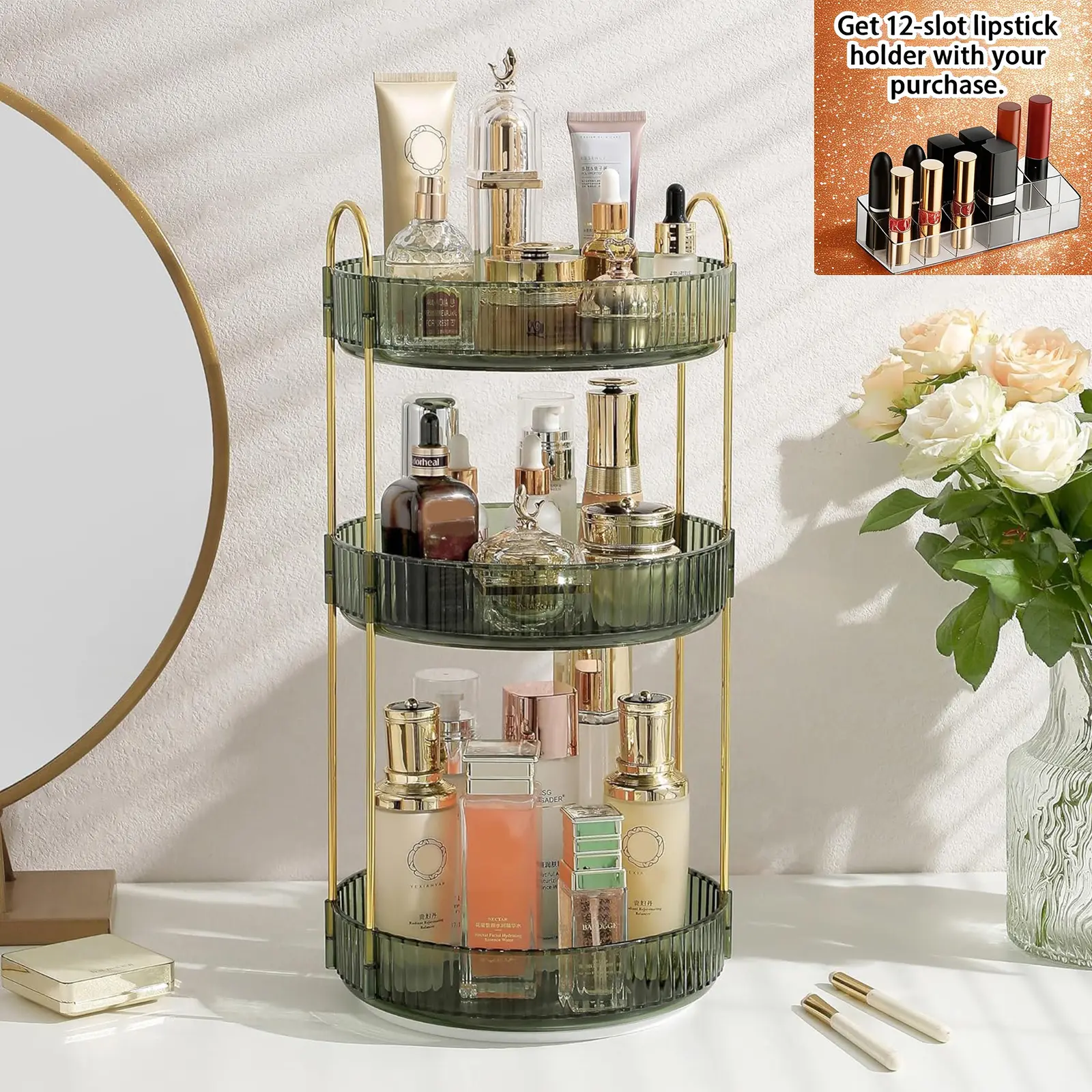 360° Rotating 3-Tier Green Makeup Organizer | Spinning Storage for Cosmetics, Skincare & Perfume | Bonus 12-Slot Lipstick Holder | For Vanity, Bathroom Countertop or Dresser (Green)
