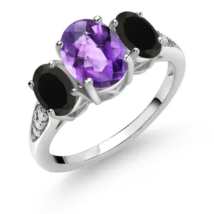 Gem Stone King 10K White Gold 3-Stone Engagement Ring for Women | Gemstone Birthstone and Onyx and Lab Grown Diamond | Oval 8X6MM 6X4MM | Wedding Anniversary Ring