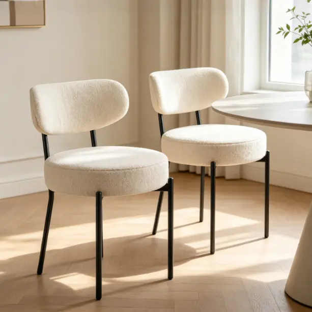 Dining Chairs Set of 2, Boucle Upholstered Modern Mid Century Round Kitchen Chairs with Curved Backrest & Metal Legs for Vanity, Living Room