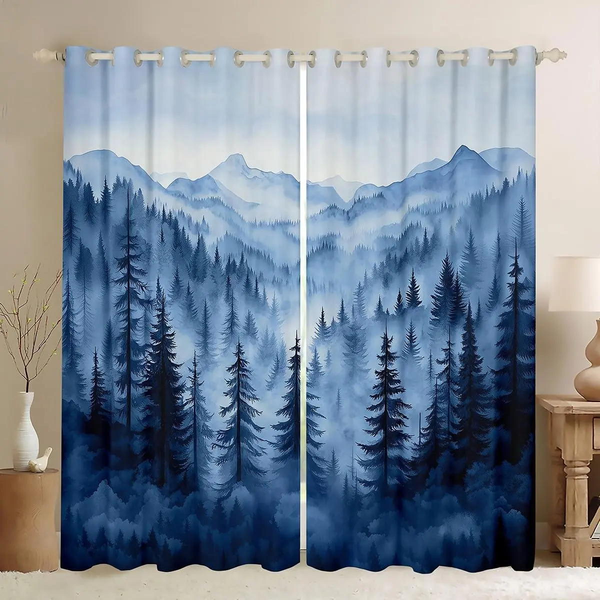 Boys Blue Forest Curtains Drapes,Rustic Woodland Pine Tree 50% Blackout Curtains,Jungle Smoky Mountain Window Curtains for Kids Men Retro Natural Landscape Curtains 2 Panels