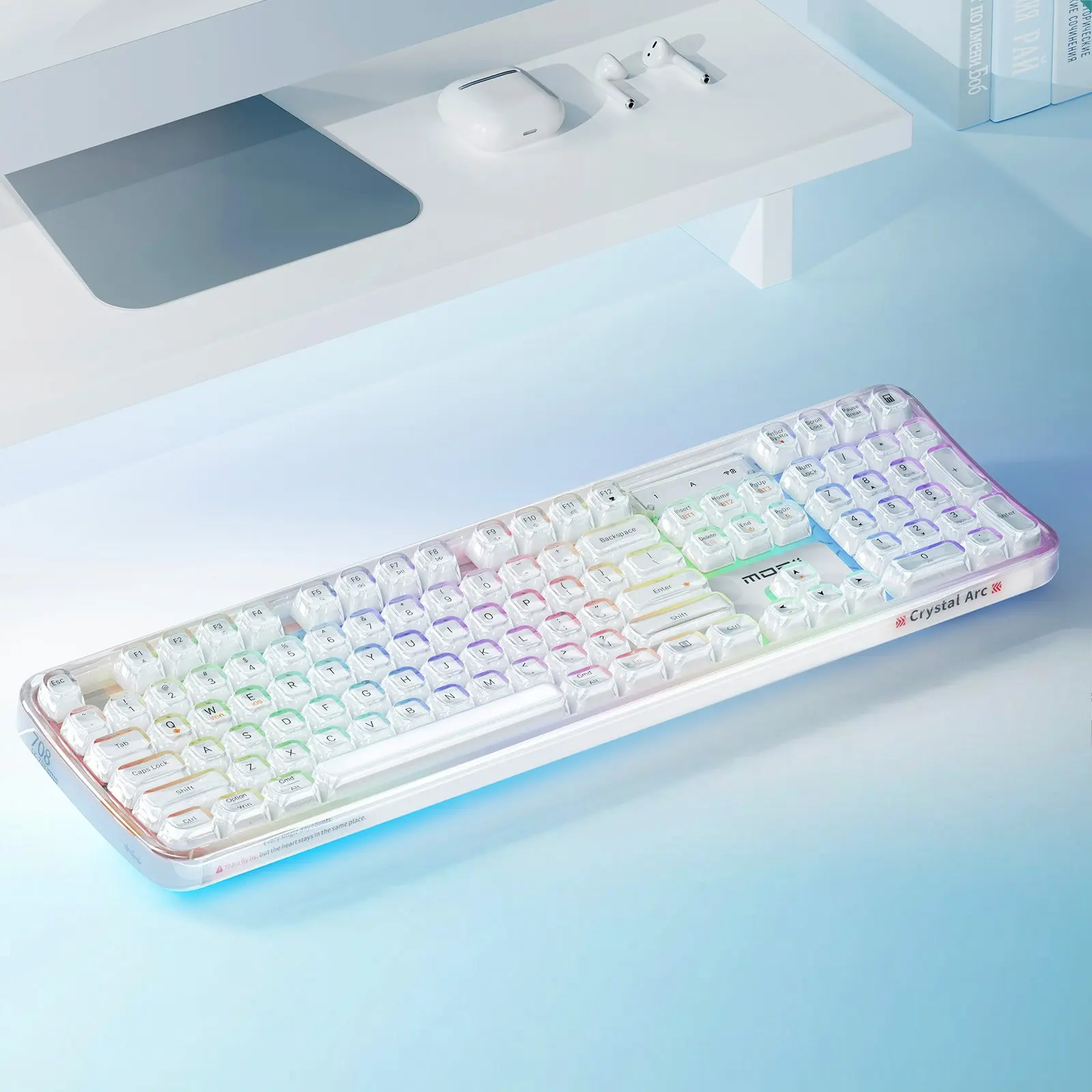 MOFii 1pc Crystal Arc White Keyboard, Transparent Keycaps Full-size Layout, Tri-mode Connectivity Membrane Keyboard, Rechargeable, Non-hot-swappable, US QWERTY, Cordless Keyboard, External Computer Keyboard, USB Rechargeable Keyboard