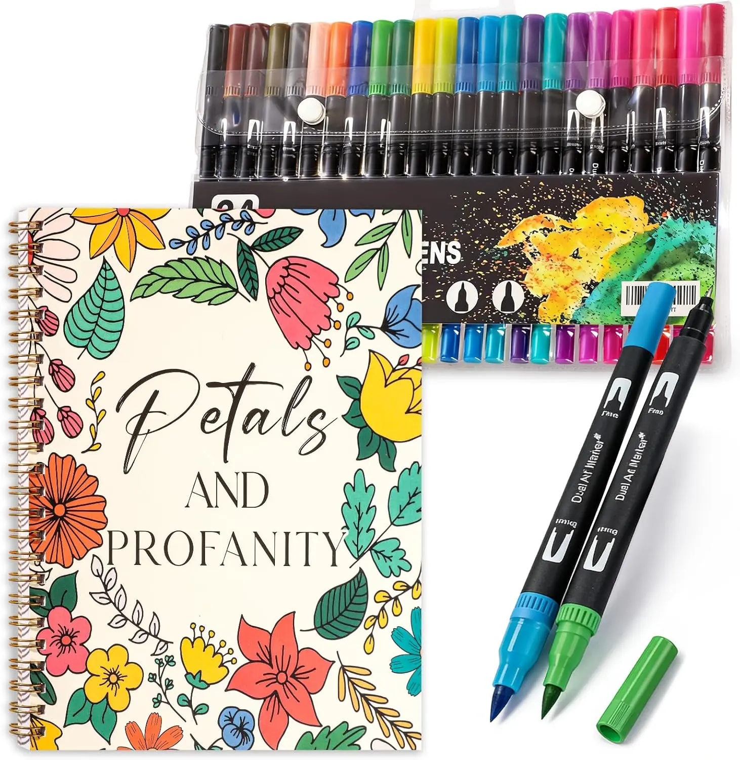 Adult Coloring Book Set with 24 Color Markers, Spiral Bound Stress Relief Coloring Book for Women & Teens, 32 Mindfulness Designs for Relaxation