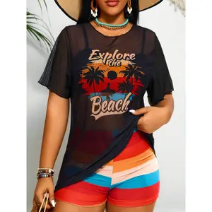 Women'S 2026 Tropical Print Swimsuit Set with Mesh Cover-Up - Black and White Palm Tree Design, Short Sleeve, High Stretch Fabric, Perfect for Beach and Pool, Beach Attire | Tropical Print Top | Stretchy Fabric, Beach Swimsuit