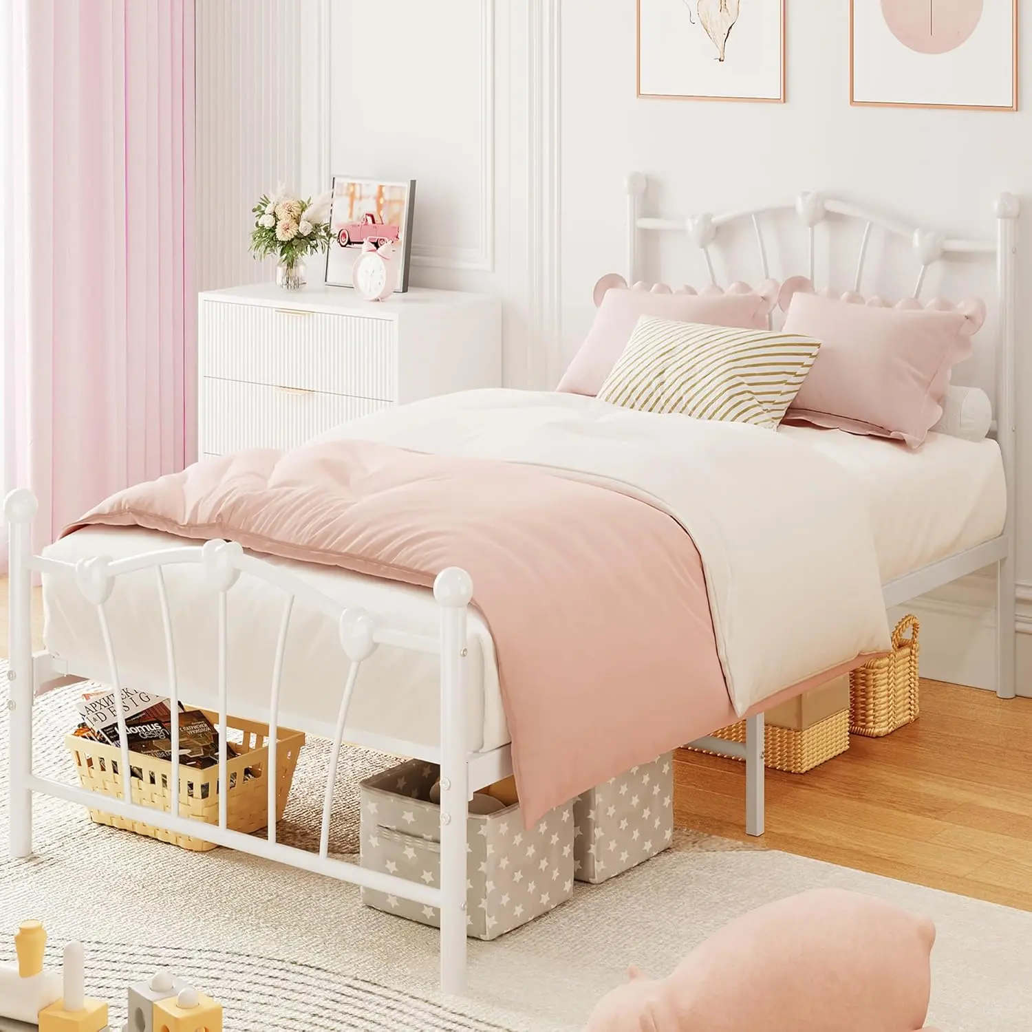Twin White Metal Bed Frame with Heart-Shaped Headboard, Heart-Shaped Footboard, Orb Accents, Romantic Design, Solid Platform Mattress Foundation, Noise-Free Heavy-Duty Slat Support, No Box Spring Needed, Easy Assembly (metal bed frames)