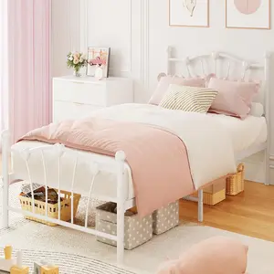 Twin Size White Metal Bed Frame with Heart-Shaped Headboard, Footboard and Orb Accents, Solid Metal Platform Mattress Foundation, Noise-Free Heavy-Duty Support Slats, No Box Spring Needed, Romantic Look, Quick Assembly