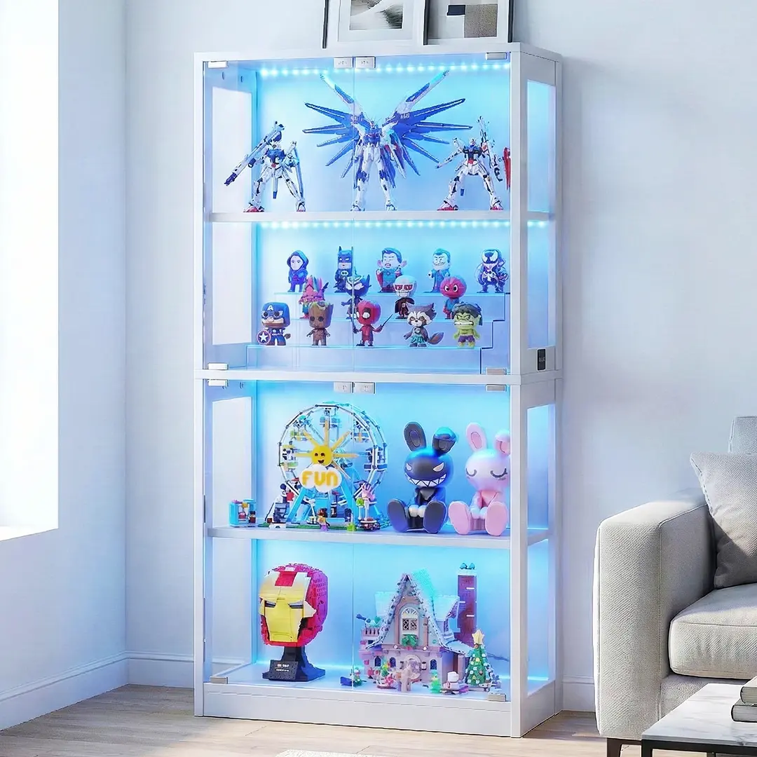 Display Cabinet with Glass Doors 4-Tier, glass display cabinet 7 Vibrant Colors 3 Dynamic Lighting Modes, HD Glass Storage Cabinet with Human Body Sensor for Curio, Trophy, Collectibles