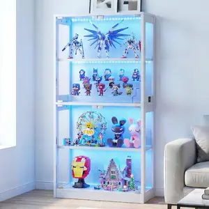 Display Cabinet with Glass Doors 4-Tier, glass display cabinet 7 Vibrant Colors 3 Dynamic Lighting Modes, HD Glass Storage Cabinet with Human Body Sensor for Curio, Trophy, Collectibles
