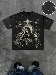Men's Casual Short Sleeve Fitted T-Shirt, Bottom Sparkle Stars, Vintage Virgin Mary Prayer Graphic Print, Cross & Bird Prints, Street Style Streetwear