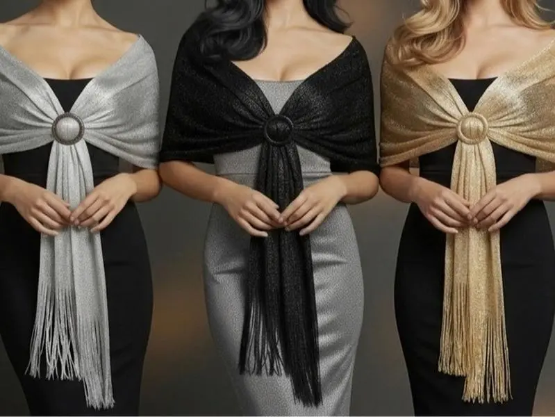 Women's Shimmering Shawl and Buckle Set, Glamorous Metallic Polyester Wrap for Evening Dresses, Weddings & Anniversary Parties, Cool Summer Evenings, Engagement, One Size