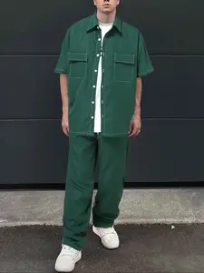 Men's Solid Color Short Sleeve Jumpsuit, Regular Fit Casual Comfy Jumpsuit for Summer, Men's Sleepwear for Indoor Wear