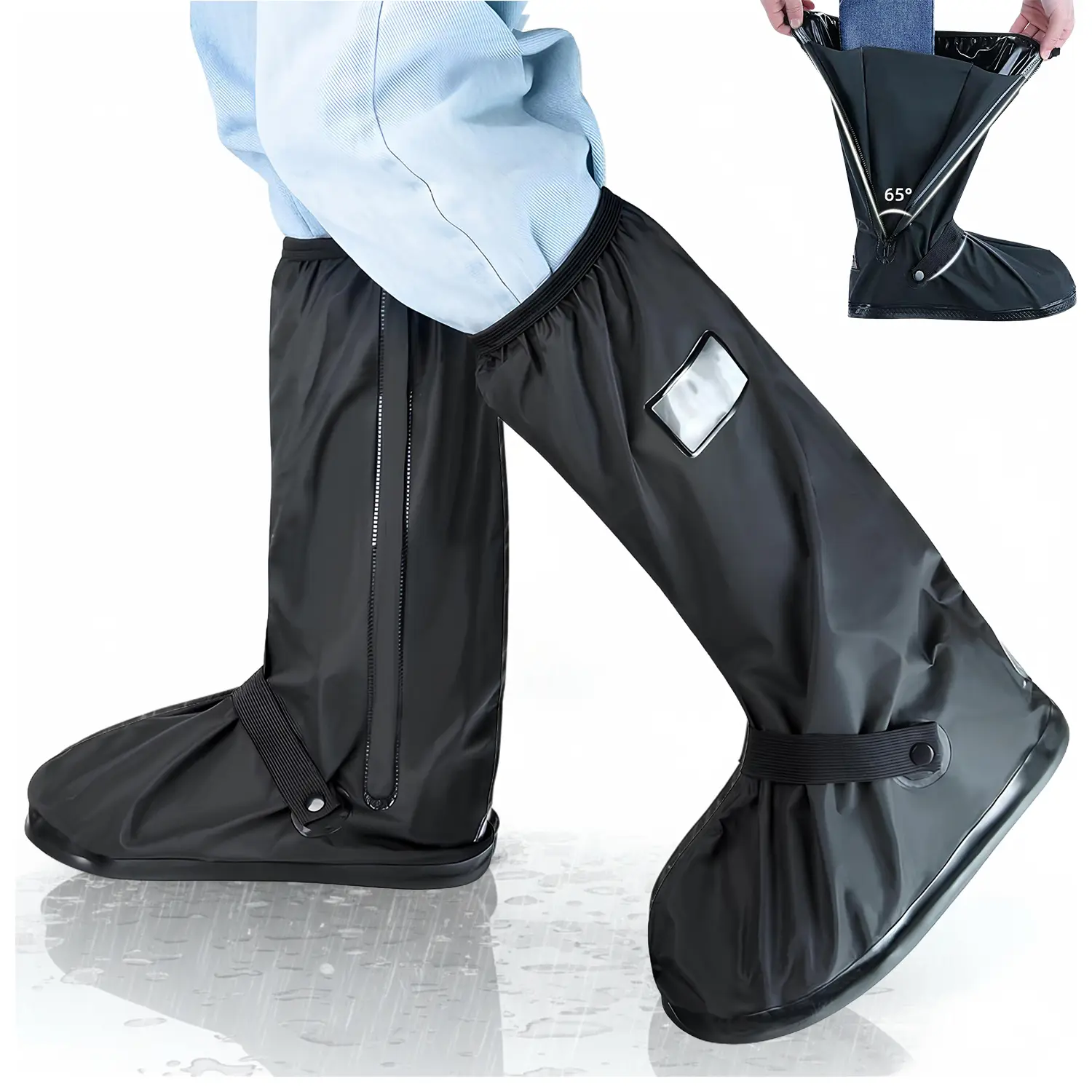 Waterproof Rain Shoe Covers (1 Pair), Black PVC with Wide-Open Zipper, Anti-Slip Design, Reflector Heel, Multi-Size Option, Foldable Bag, for Rainy Days & Garden Lawn Care, Ideal Mother’s Day Gift