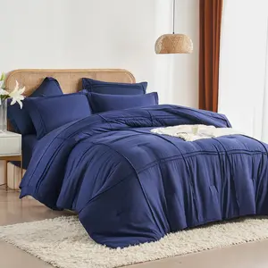 King Size Comforter Set 7 Piece Bed in a Bag,Grid Pleat Navy Blue Bedding Set,Striped Textured Soft Microfiber Comforter with Sheet Set,All Season Complete Bed Set(Navy Blue,King)