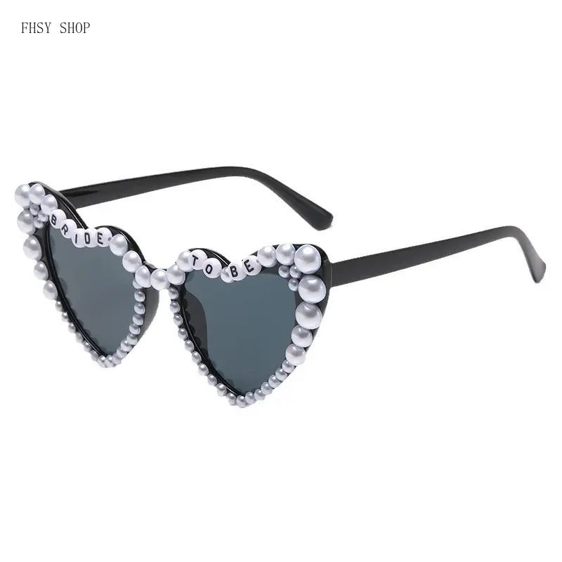 FHSY SHOP Women's Black Heart Bridal Pearl Sunglasses - Unisex Square Full Rim Frames, UV400 Sun Protection Non-Prescription Lenses, Edgy Fashion Eyewear, Bachelorette Party Accessory, Uv400 Lens, Edgy Look
