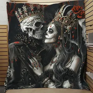 Bohemian Flannel Blanket |   Romantic Skull Couple Design With Crown And Red Roses |   Ultra-Soft Polyester For All-Season Comfort |   Perfect For Sofas, Beds, Office Naps |   Machine Washable |   Perfect For Valentine'S Day Or Easter Gifts, Bed Blankets