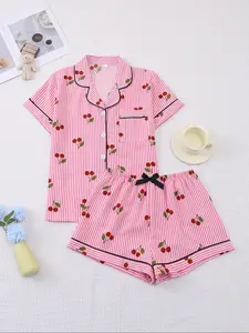 Women's Casual Striped Sleepwear Set, Pajama Set, Cherry Print Short Sleeve Top and Shorts, Loose Fit, Comfortable Home Wear, All Seasons