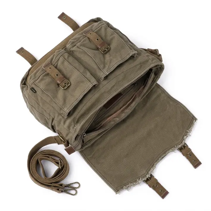 Gootium Men's Vintage Frayed Edge Canvas Handbag Messenger Bag - Casual Crossbody Bags for Commuters, Plain Minimalist Retro Preppy Chic, Heavy-Duty High-Capacity, Cow Hide Leather Contrast Trim, Zip & Flap Closure, Adjustable Reinforced Strap