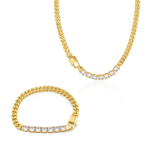 Aprilery Cuban Link Jewelry Set, Sparkling Stone Necklace and Bracelet Set, Bold Link Necklace & Bracelet with Zircon Accents, Edgy Elegance & Party-Ready, Gold Tone Chain Statement Jewelry Gift for Women