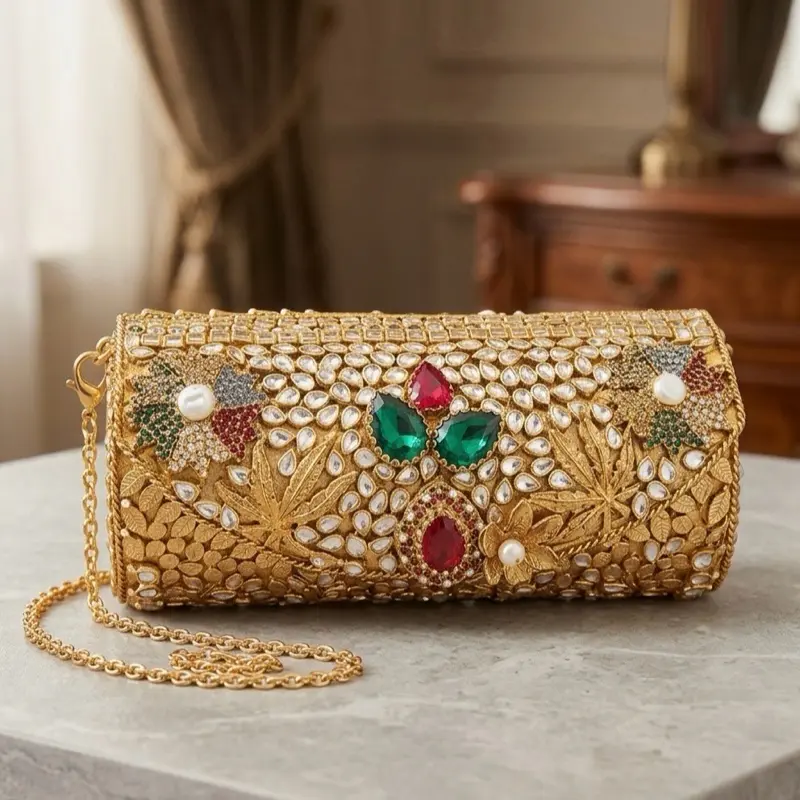 Turkish Kundan Clutch, Elegant Handheld Evening Accessory for Formal Events