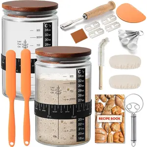 Sourdough Starter Jar Kit, 34 Oz Glass Sour Dough Jars Wide Mouth for Beginners, 10 Pcs Bread Starter Container Set with Acacia Wooden Lid, Glass Jar with Bread Baking Supplies